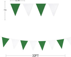 32Ft Green and White Party Decorations Triangle Banner Flag Fabric Pennant Bunti