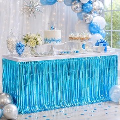 Light Blue Foil Fringe Table Skirt, 2-Pack Disposable Metallic Tinsel Streamers,