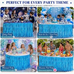 Light Blue Foil Fringe Table Skirt, 2-Pack Disposable Metallic Tinsel Streamers,
