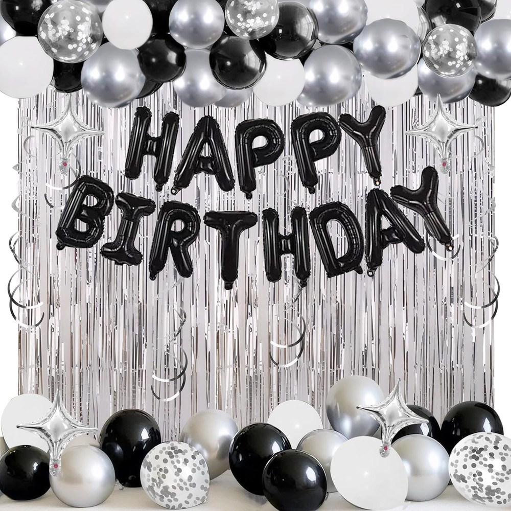92PCS Black Silver Birthday Decorations Balloons Set for Men Women Party