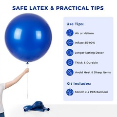 4PCS Large 36 Inch Royal Blue Balloons, Royal Blue Latex Big Balloons for Bir…