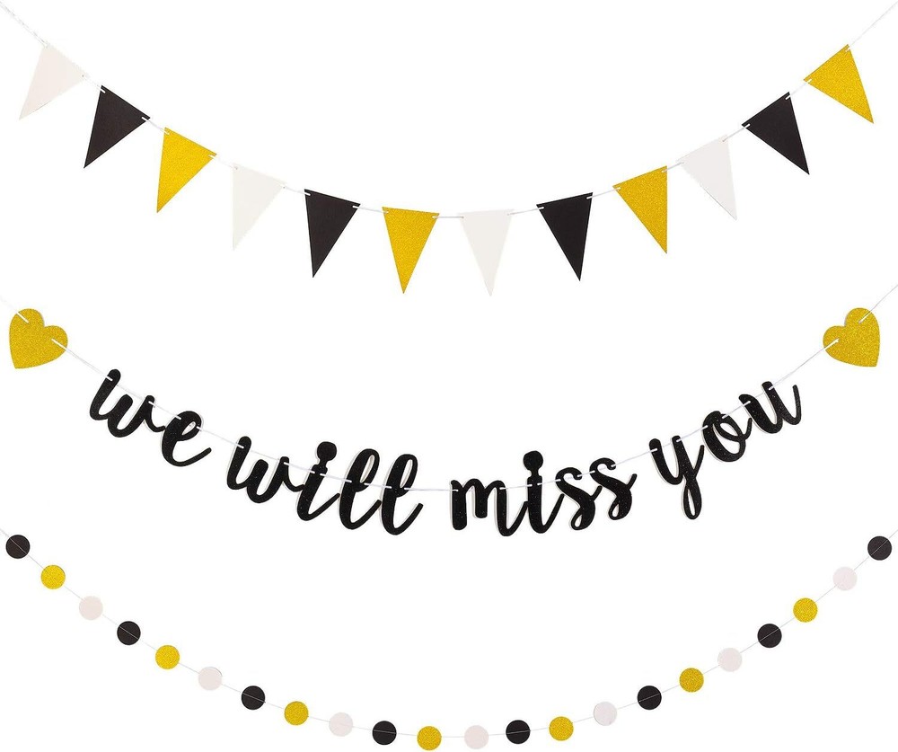 3 Pieces We Will Miss You Going Away Farewell Banner Decoration Gold Black Dot