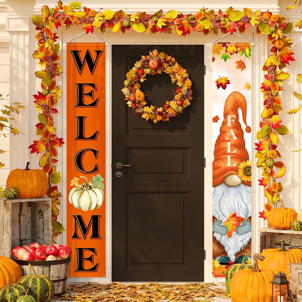 Fall Decorations Gnomes Pumpkin Maple Leaves Porch Sign Door Banners 12″x71″