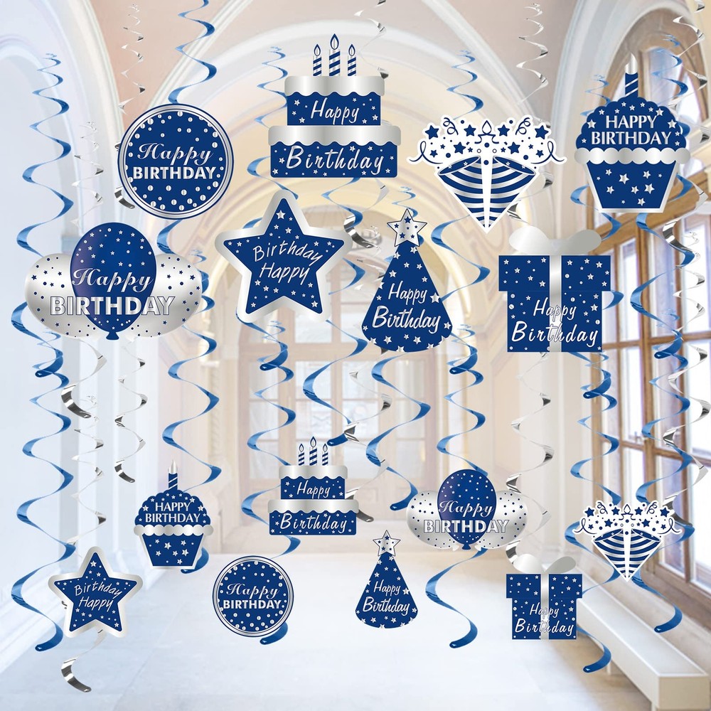 Blue Silver Birthday Swirls 16 Pack Happy Birthday Men Boys 10th-60th Ceiling