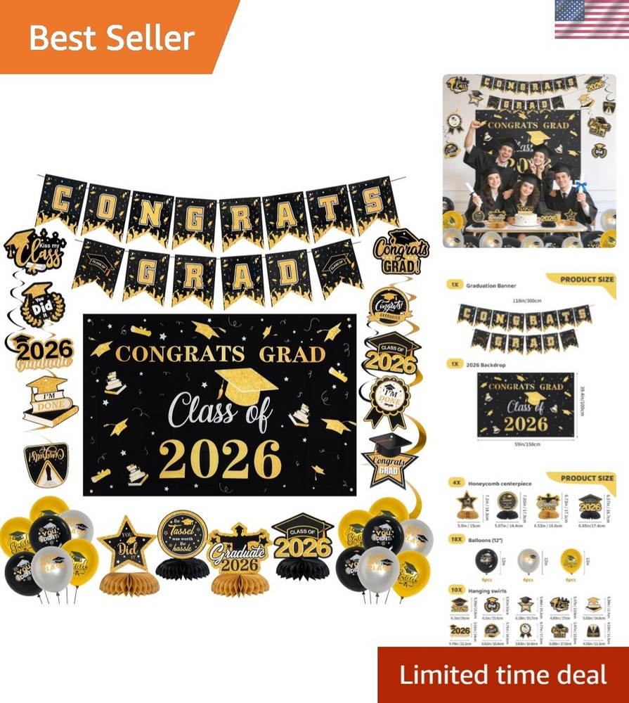 Graduation Decorations Set Class of 2026 Backdrop Congrats Grad Banner Hangin…