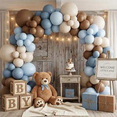 122Pcs Dusty Blue and Brown Balloon Arch Kit, Boho Bear Baby Shower Decorations