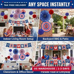 34PCS 4th of July Decorations Patriotic Decorations Love USA Banner Red White Bl