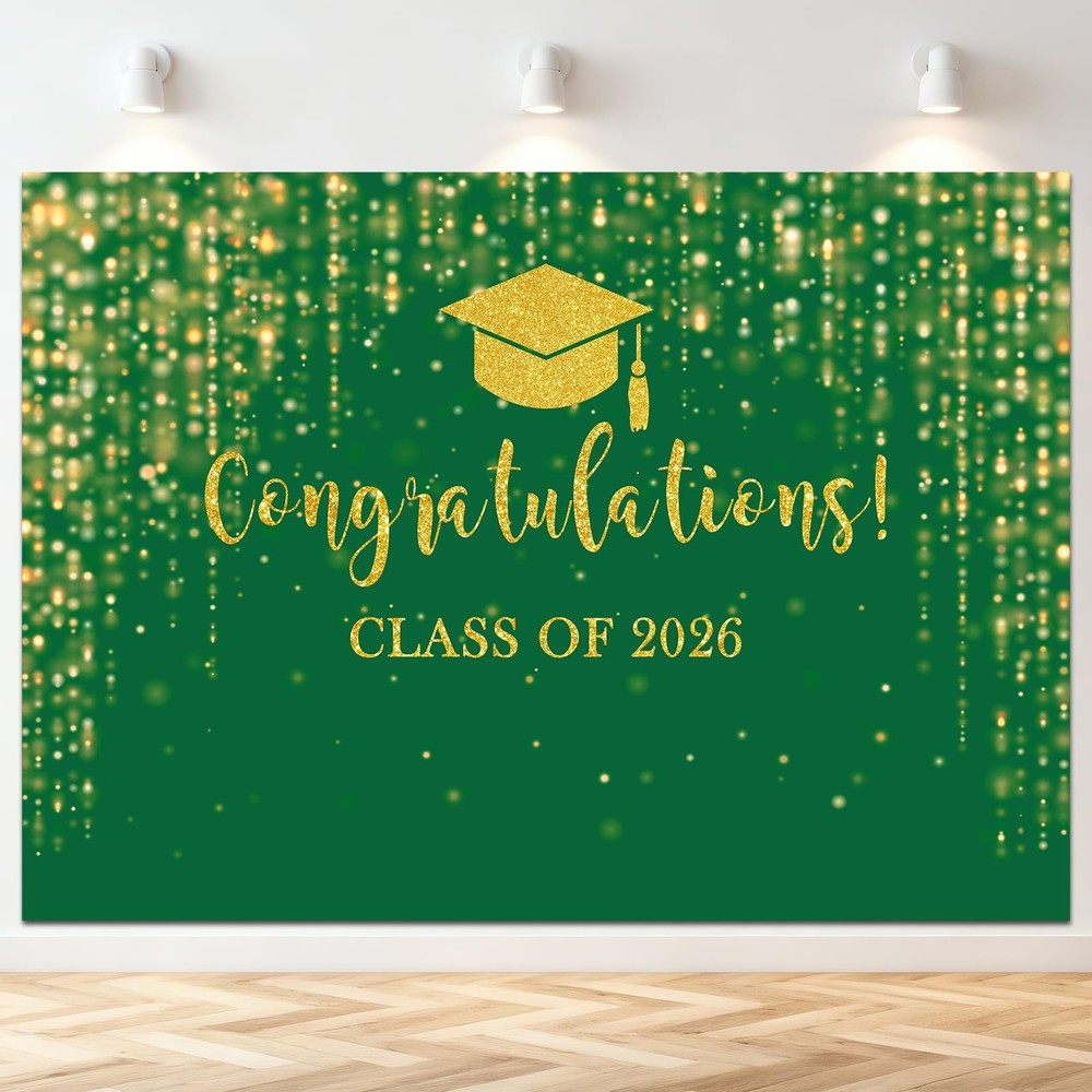 Mocsicka Class of 2026 Backdrop Graduation Party Background 7x5ft Green Gold
