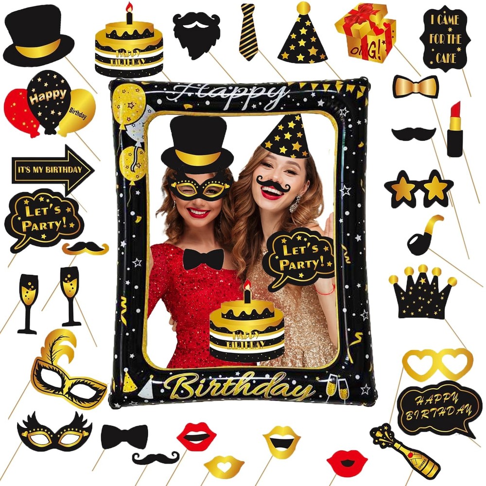 30 PCS Birthday Photo Booth Props Black Gold Inflatable Frame Selfie Party