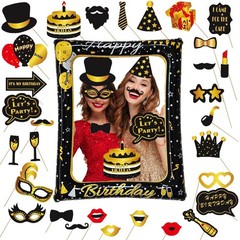 30 PCS Birthday Photo Booth Props Black Gold Inflatable Frame Selfie Party