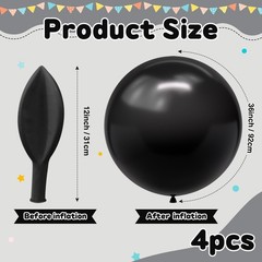 36 inch Giant Balloons, 4pcs Large Black Latex Balloon for Birthday Wedding D…