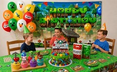 Pixel Birthday Party Decorations Party Supplies Set Including Backdrop Tableware