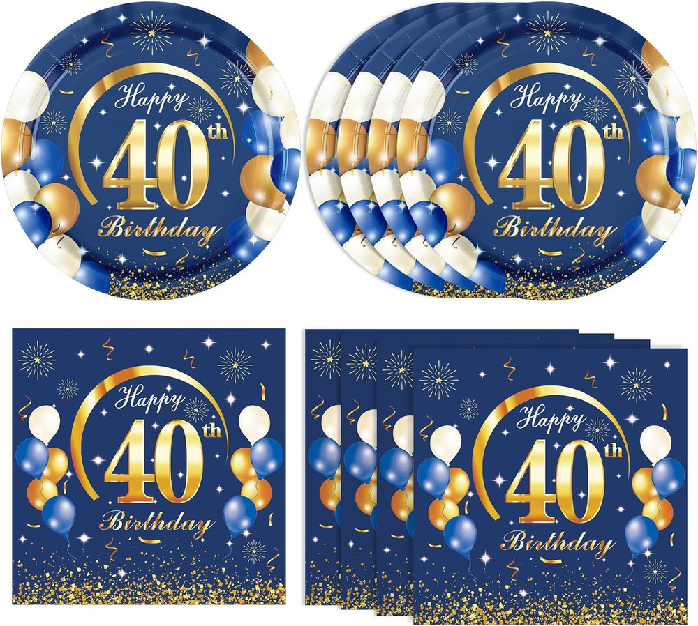 40PCS Happy 40Th Birthday Decorations Navy Blue and Gold Theme Party for 40 Year