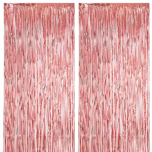 2 Pack Gold Foil Fringe Backdrop Curtains, 39.6″W x 98.4″L (Pack of 2) Rose