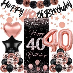Complete Rose Gold 40th Birthday Decor Set – Balloons, Backdrop & Star Streamers