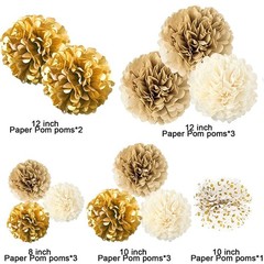 12 PCS Gold Gradient Tissue Paper Pom Poms Wedding Birthday Hanging Deco