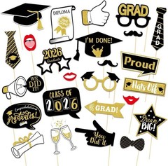 25Pcs Graduation Photo Booth Props – Black & Gold Class of 2026 Celebrations