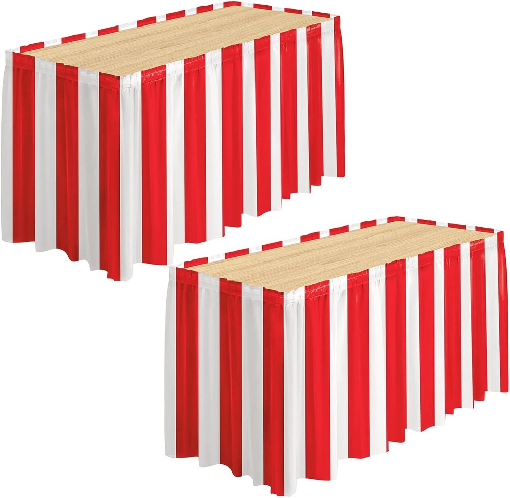 durony 2 Packs Red and White Striped Table Skirt Circus Theme Party Supplies…