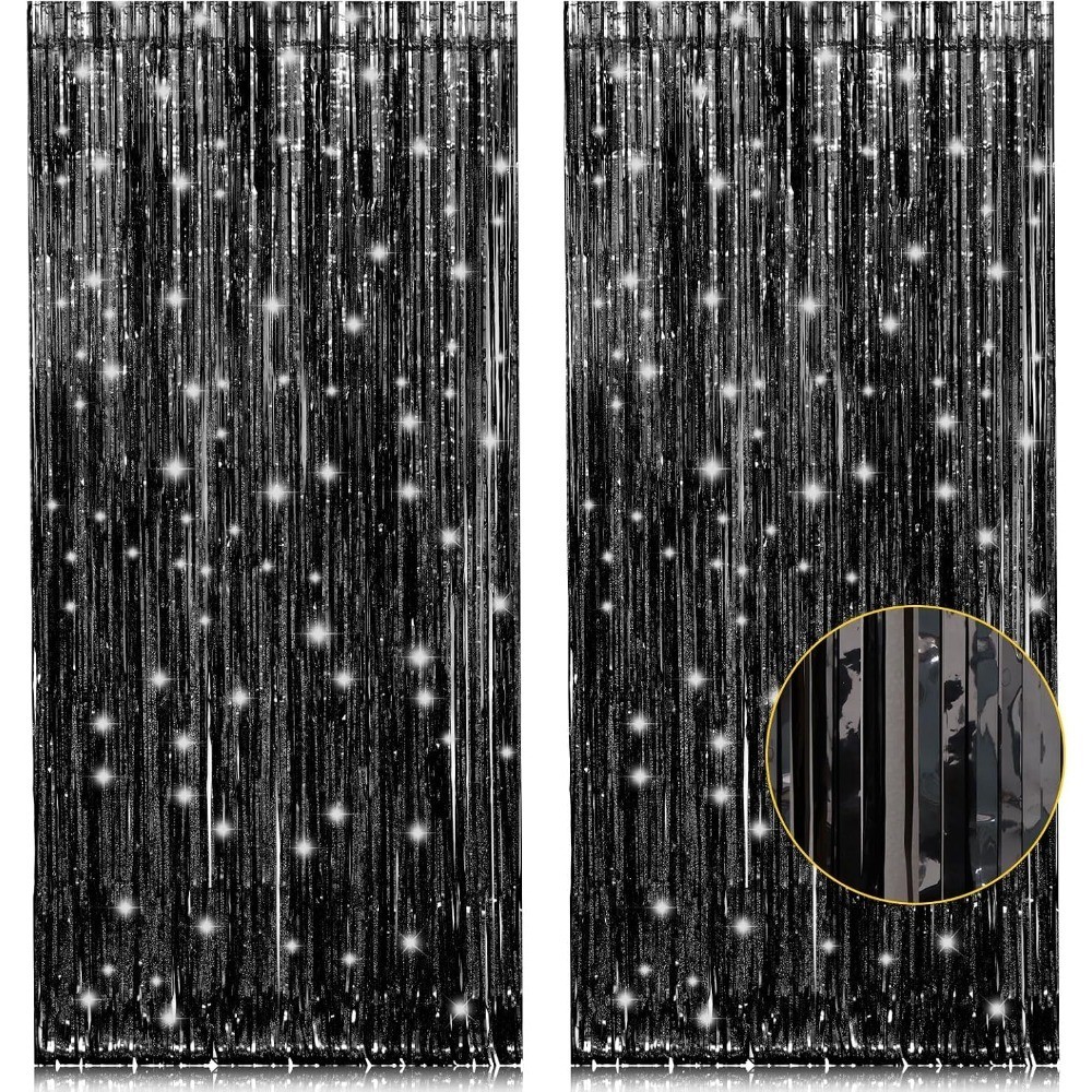 2 Pack 3.2ft x 8.2ft Black Tinsel Foil Fringe Curtains, Metallic Foil Tinsel