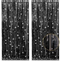 2 Pack 3.2ft x 8.2ft Black Tinsel Foil Fringe Curtains, Metallic Foil Tinsel