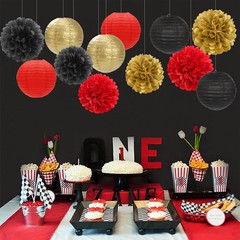 15 PCS Red Black Gold Tissue Pom Poms Lanterns Hanging Flowers Decor