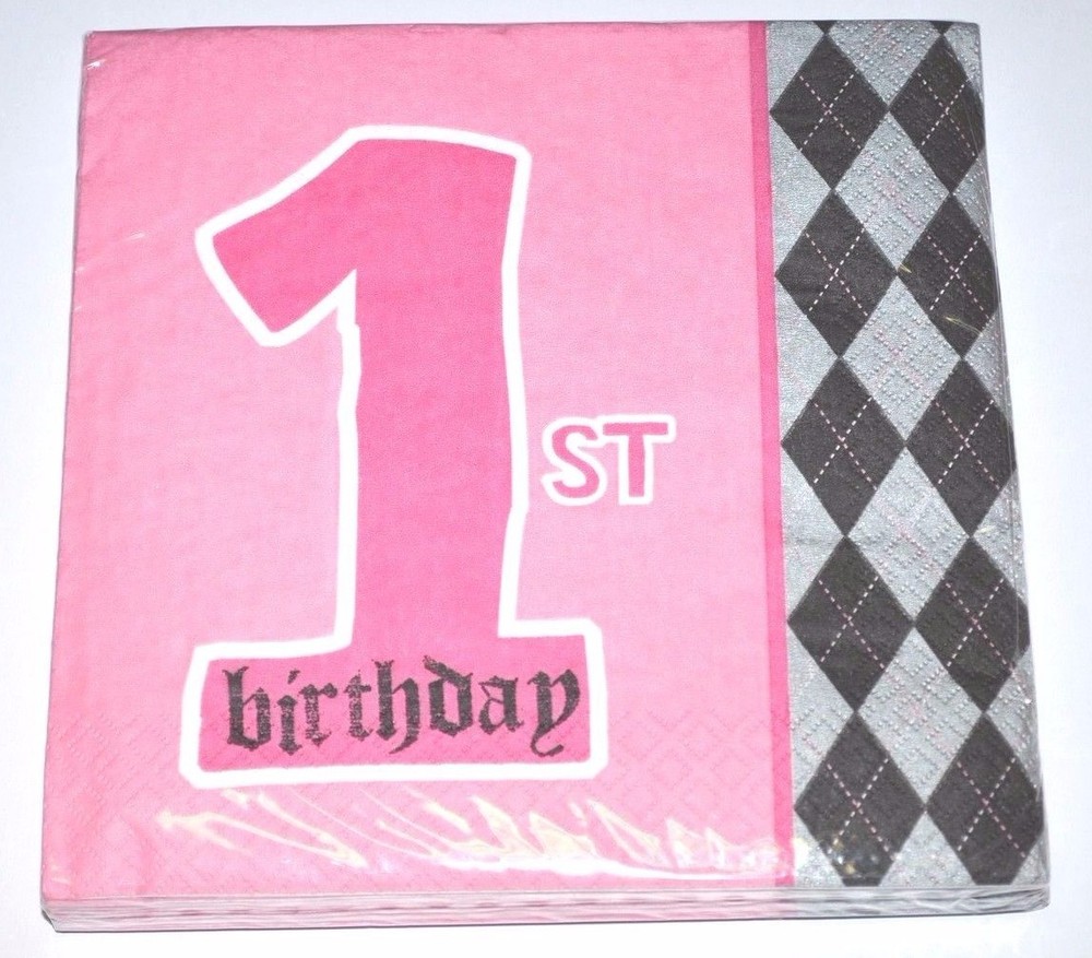 16pc 3ply Beverage Paper Napkins Happy 1st First Birthday Pink Girl Party Argyle