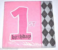 16pc 3ply Beverage Paper Napkins Happy 1st First Birthday Pink Girl Party Argyle