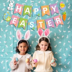 JOZON Happy Easter Banner – Multi-colored, 5.12″ x 7″ Flags, White