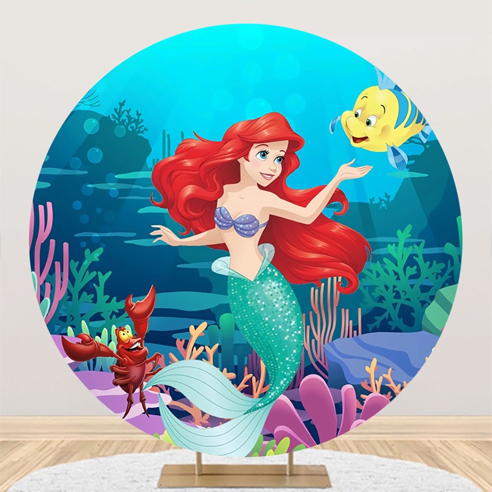 Round Mermaid Princess Ariel Backdrop Background Happy Birthday Party Decor