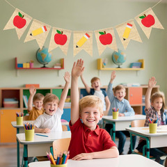Burlap Back to School Banner, Apples Pencil Garlands Back to School Decoration,