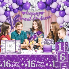 Cocomigo 104Pcs Sweet 16 Birthday Decorations for Girls, Purple Sweet 16 Party D