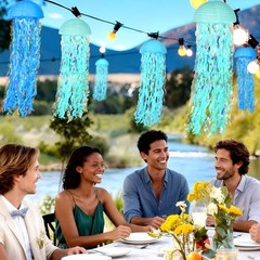 Set of 6 Blue Hanging Jellyfish Paper Lanterns 10» – Dark Blue+Light Blue+Blue