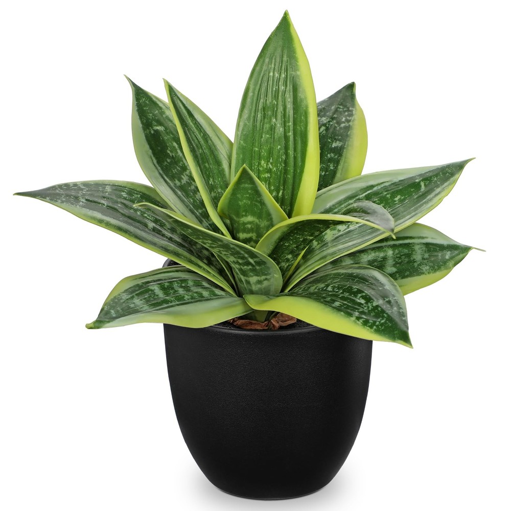 Hollyone Artificial Snake Plants 9″ Faux Agave 9 inches, Green #3-black Pot