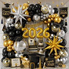 2026 Graduation Balloon Garland Arch Kit, Black Gold Silver Balloon Arch Clas…