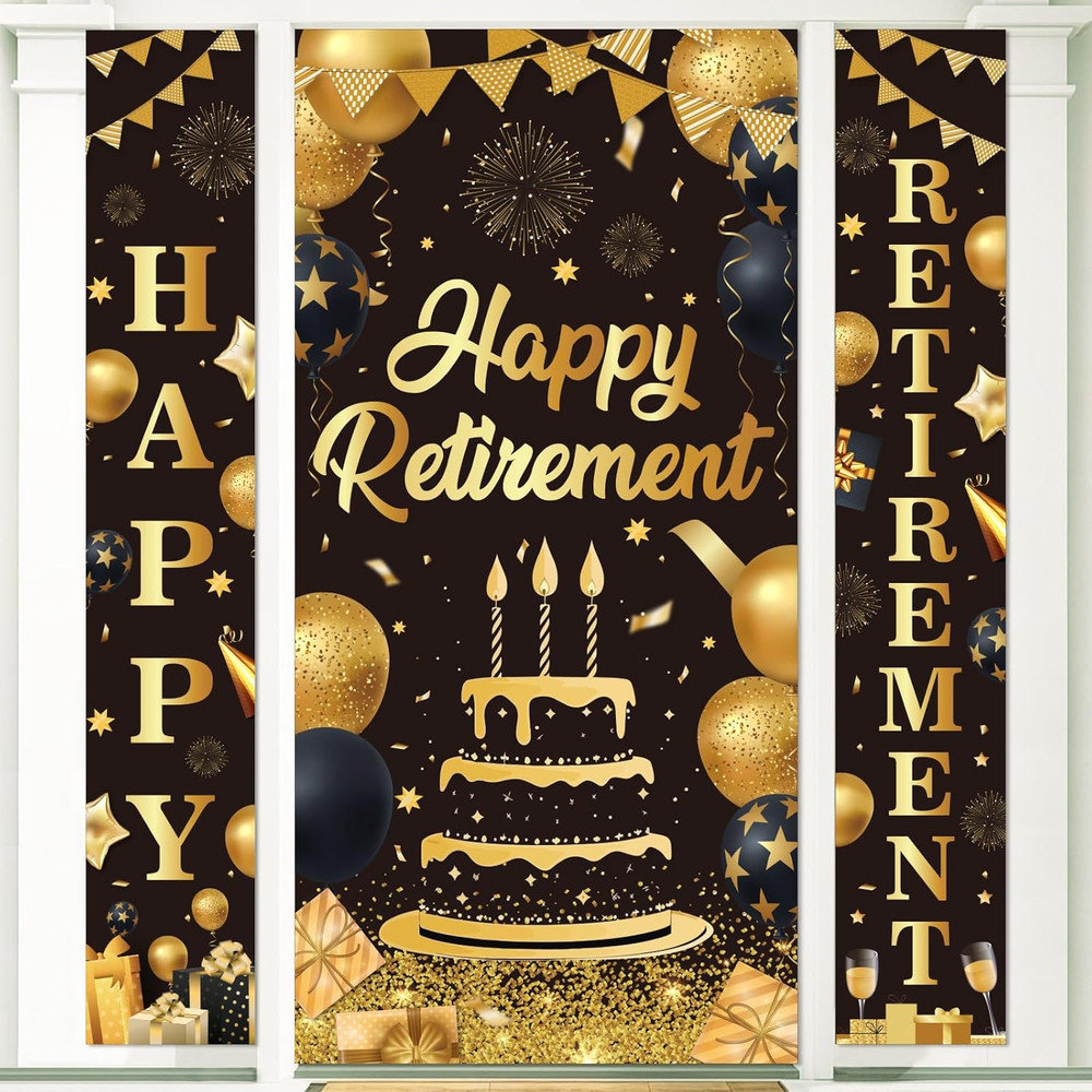 Retirement Party Decorations Door Cover and Door Banner for Men Women Black Gold