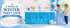 Light Blue Foil Fringe Table Skirt, 2-Pack Disposable Metallic Tinsel Streamers,