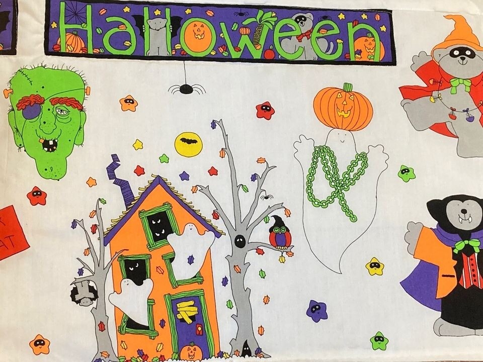 Vintage Fabric Happy Halloween Banner Decor Haunted House Scarecrow Ghosts