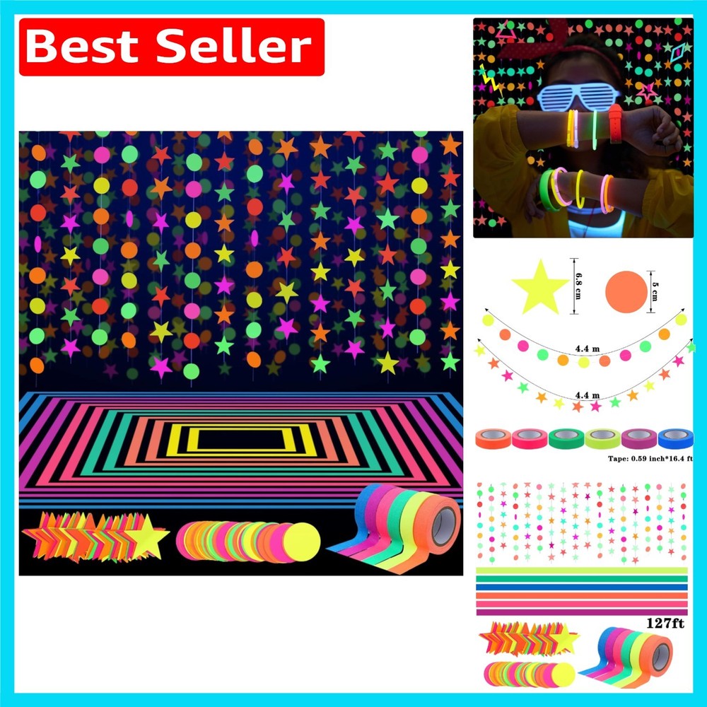 Vibrant 127ft Neon Decoration Kit with UV Blacklight Reactive Tape & Garlands