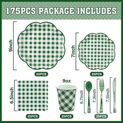 Green Gingham Plaid Party Tableware Set (Plates, Cups, Napkins, Utensils)