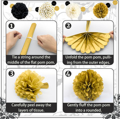 Black and Gold Party Decorations, 16 PCS Tissue Paper Pom Poms Dots Paper Garlan