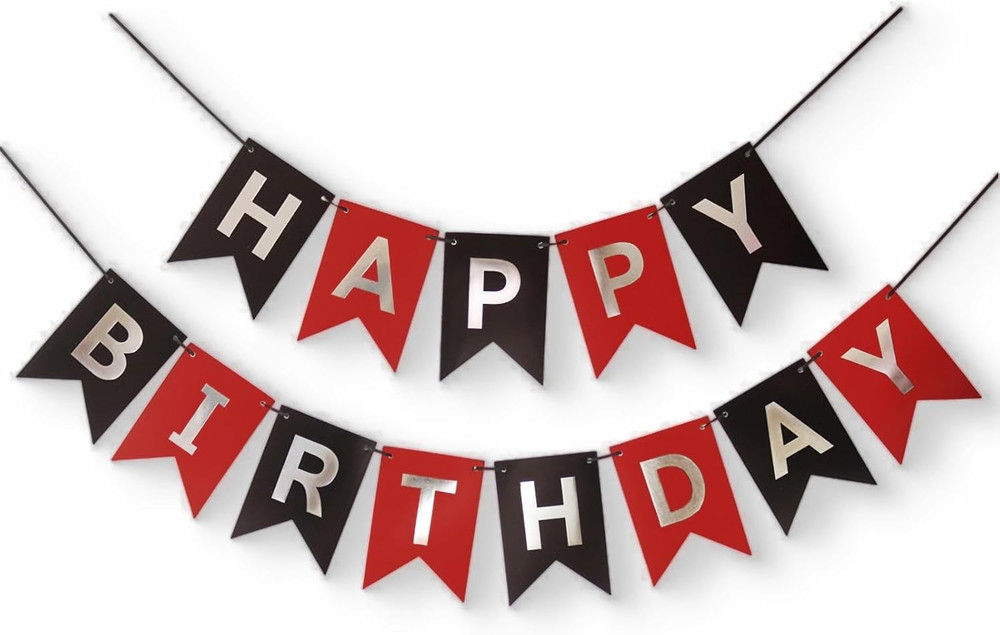 Red Silver Black Happy Birthday Banner Sign Decorations for Boys Girls Men Women