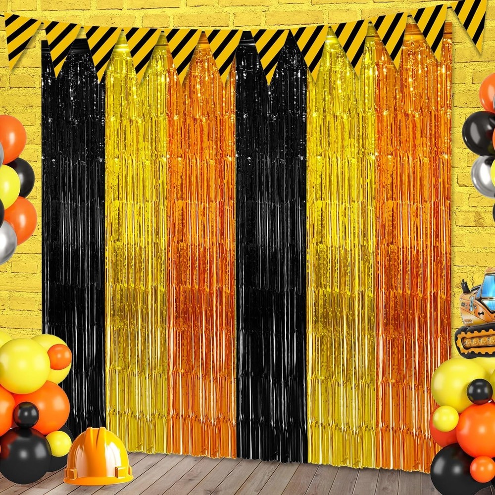 2 Pack Construction Foil Fringe Curtains Backdrop Birthday Party Decorations …