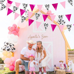 32Ft Cowgirl Party Decorations Hot Pink Cow Printed Triangle Flag Fabric Banner