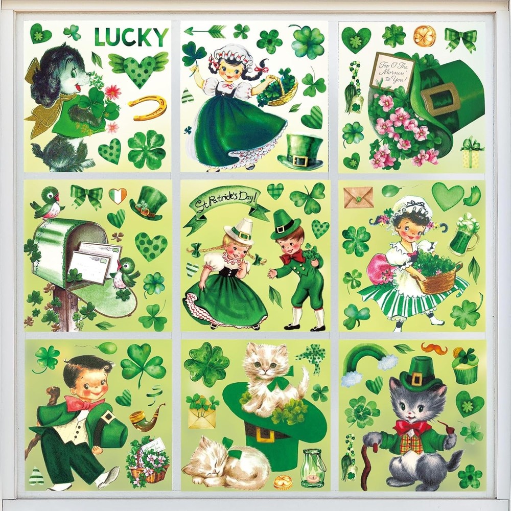 9 Sheets Vintage St. Patrick’s Day Window Cling Stickers Watercolor Retro Sham