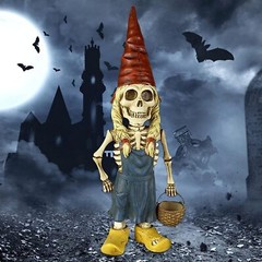 Skeleton Gnome Garden Statue – Skeleton Figurine with Dog Skull & Bones Decor