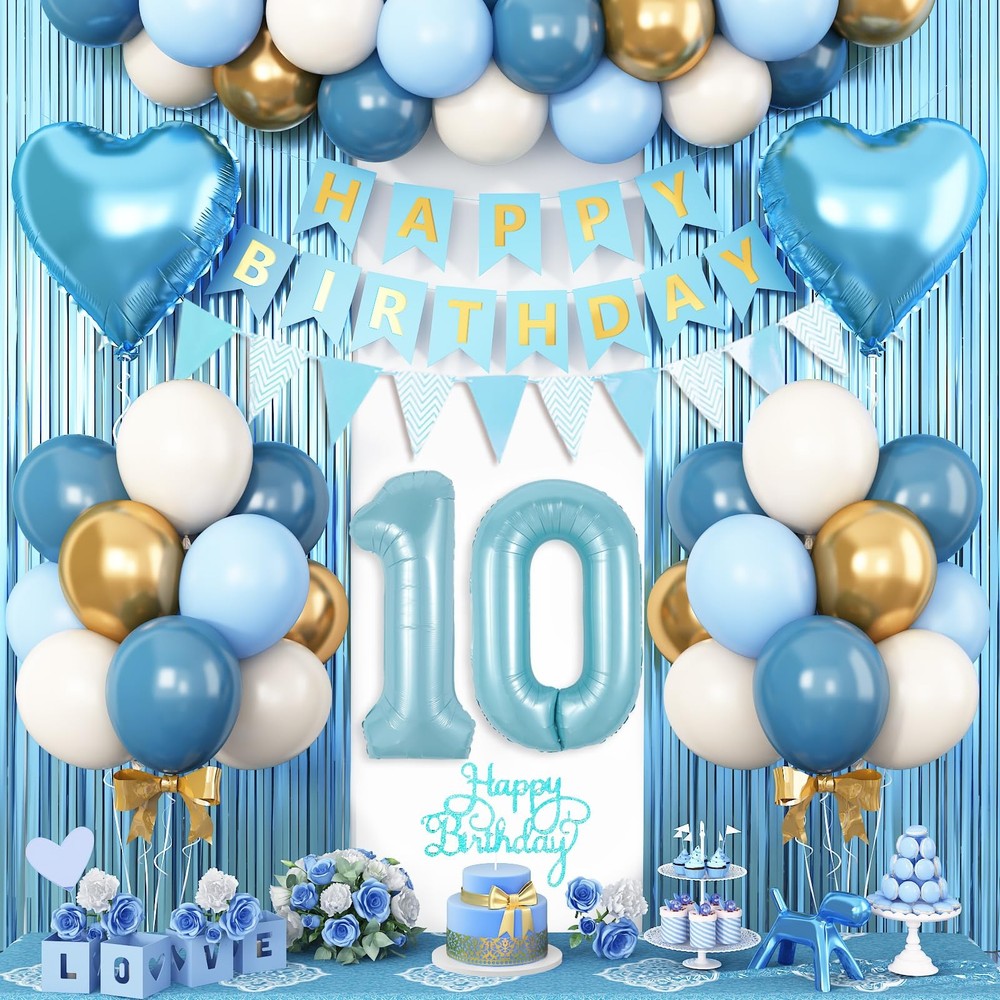 10th Birthday Decorations Balloons with Happy Birthday Banner Fringe Curtain