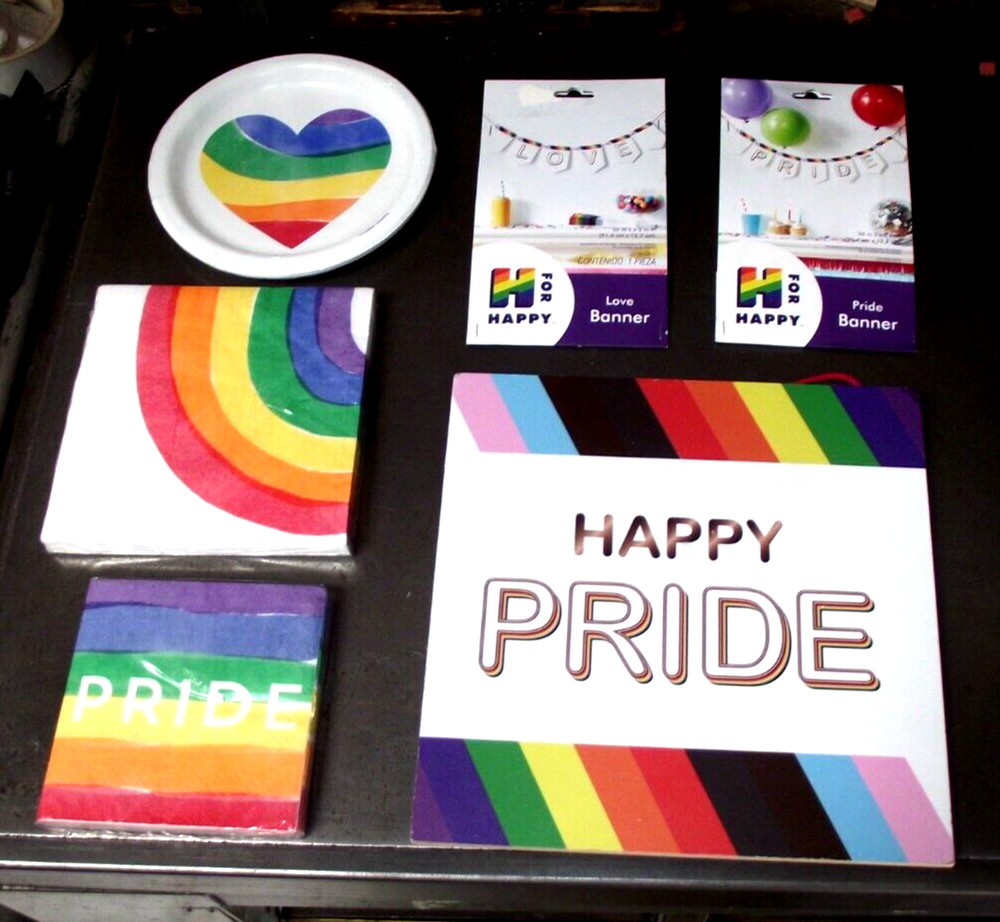 Pride Party Lot w/Permanent Wooden Wall Hanging Plates 2 Napkins 2 Banners #1