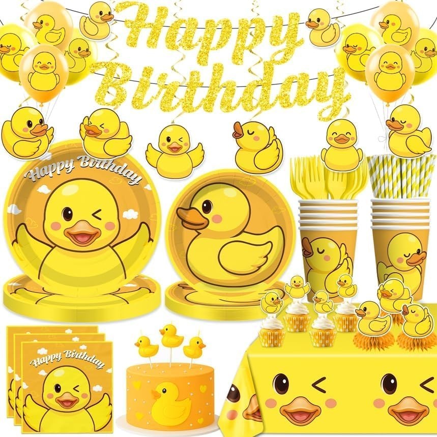 Baby Duck Disposable Birthday Party Tableware and Decorations Set – Yellow