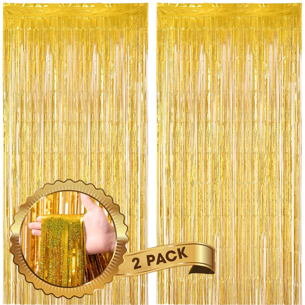 2 Pack Laser Gold Foil Fringe Backdrop Curtains, Tinsel Streamers, Party Decor
