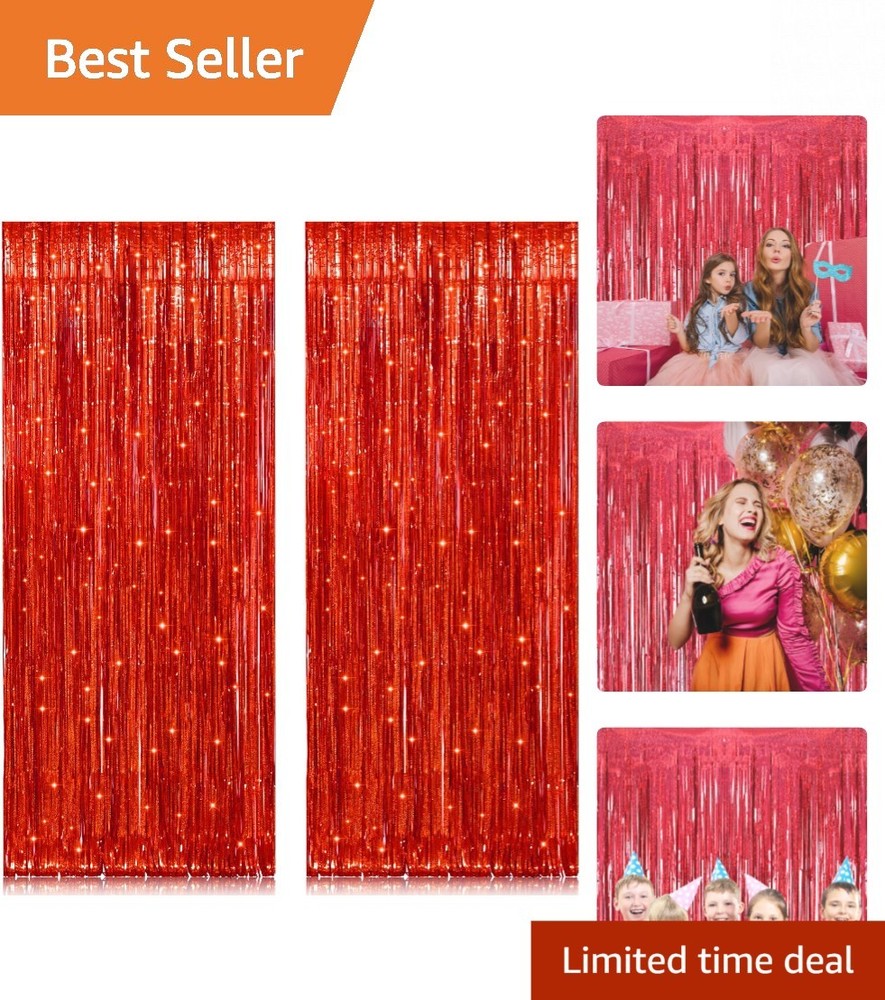Vibrant 2 Pack Red Foil Tinsel Curtains 3.2ft x 8.2ft for Festive Backdrops